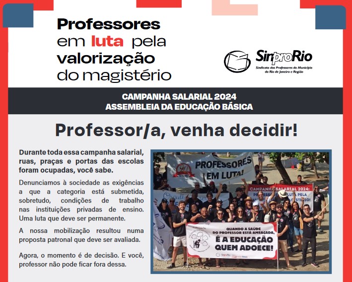 Camp. Salarial 2024 – Ed. Básica: todos e todas à assembleia de sábado, dia 29, às 10h! Inscreva-se já!