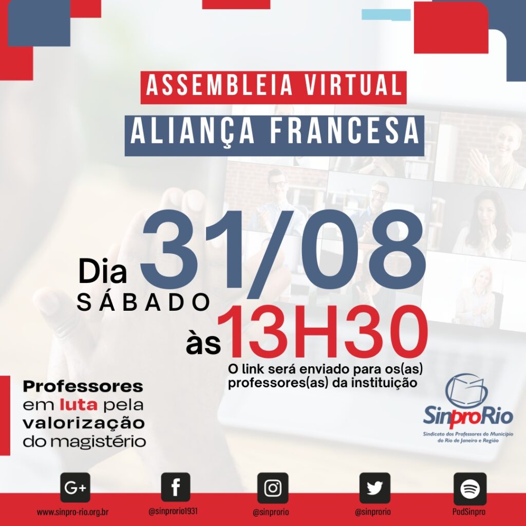 Camp. Salarial 2024 – Aliança Francesa: assembleia virtual dia 31/8, às 13h30!